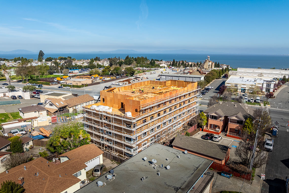 Aerial photo showing the construction progress of the Pinole Affordable Housing project which is built by Huff Construction and developed by Satellite Affordable Housing Associates 