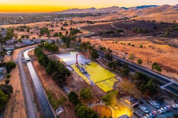 Aerial view of 783 cubic yards of concrete poured for Dream Courts Sports Complex foundation in Pittsburg, CA by Huff Construction