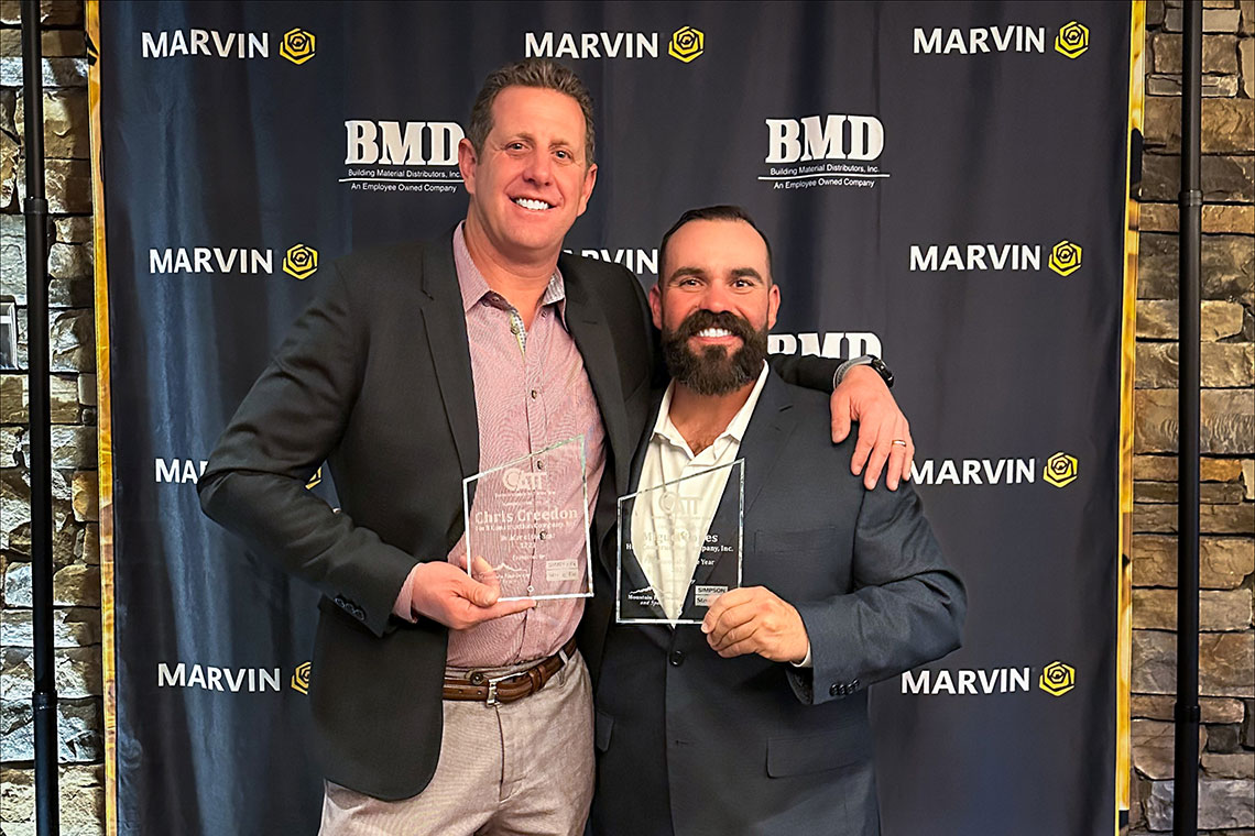 Chris Creedon (Builder of the Year) and Miguel Lopes (Professional of the Year) honored for excellence in Truckee-Tahoe commercial construction at Huff Construction